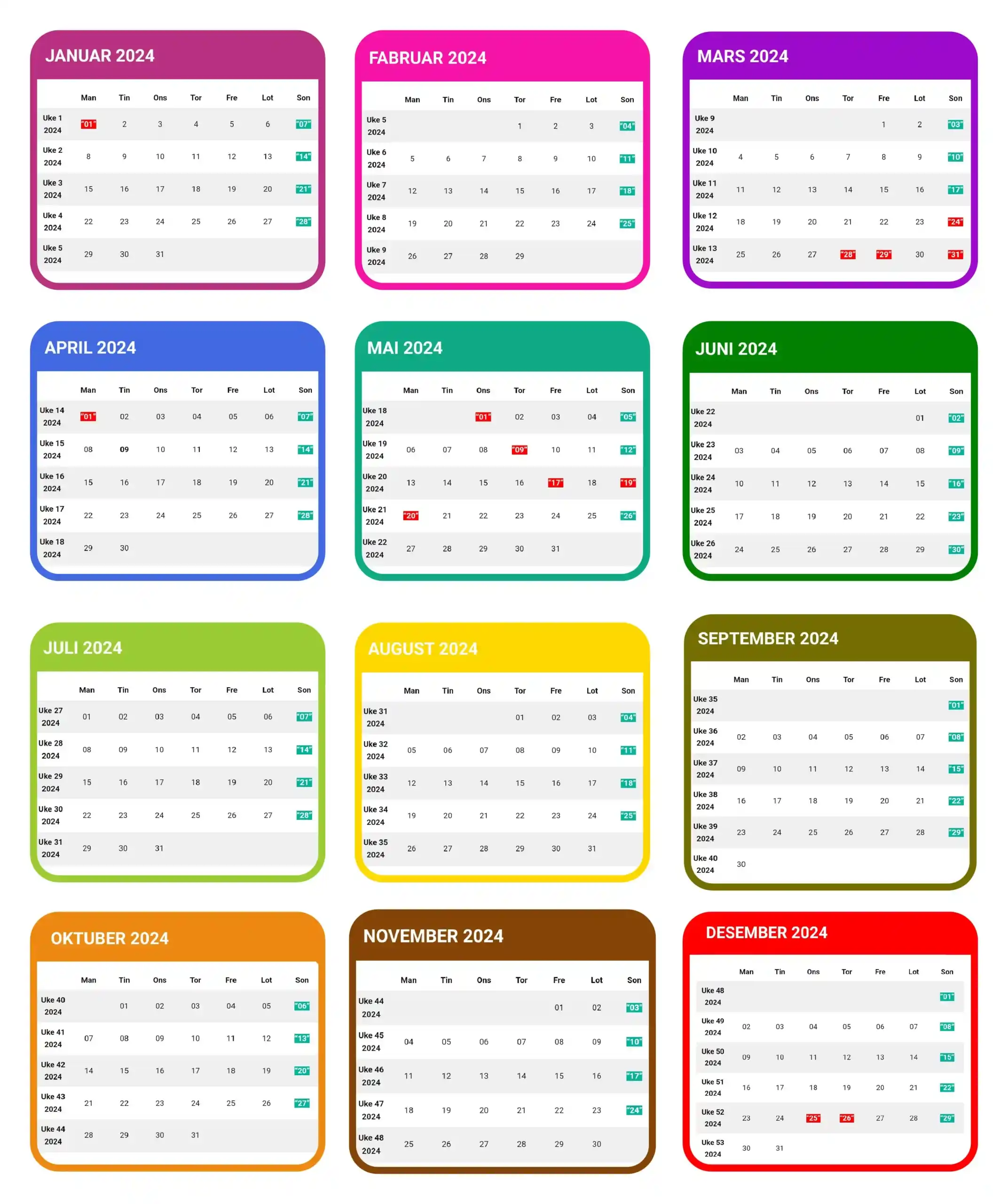 Ukekalender 2024 | Norsk kalender 2024 | Ukenummer 2024 | Kalender med uker 2024