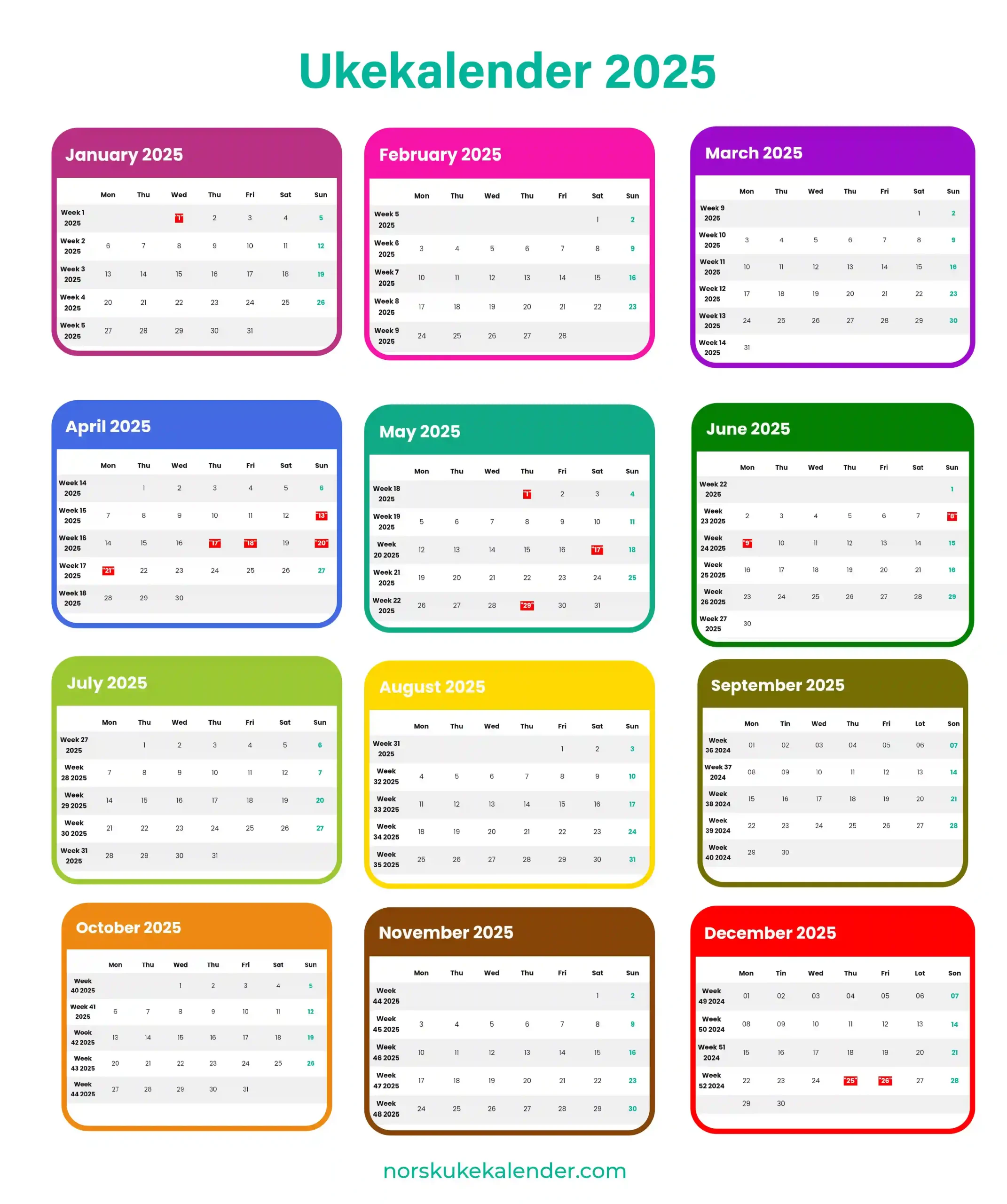 Ukekalender 2025, norsk kalender 2025