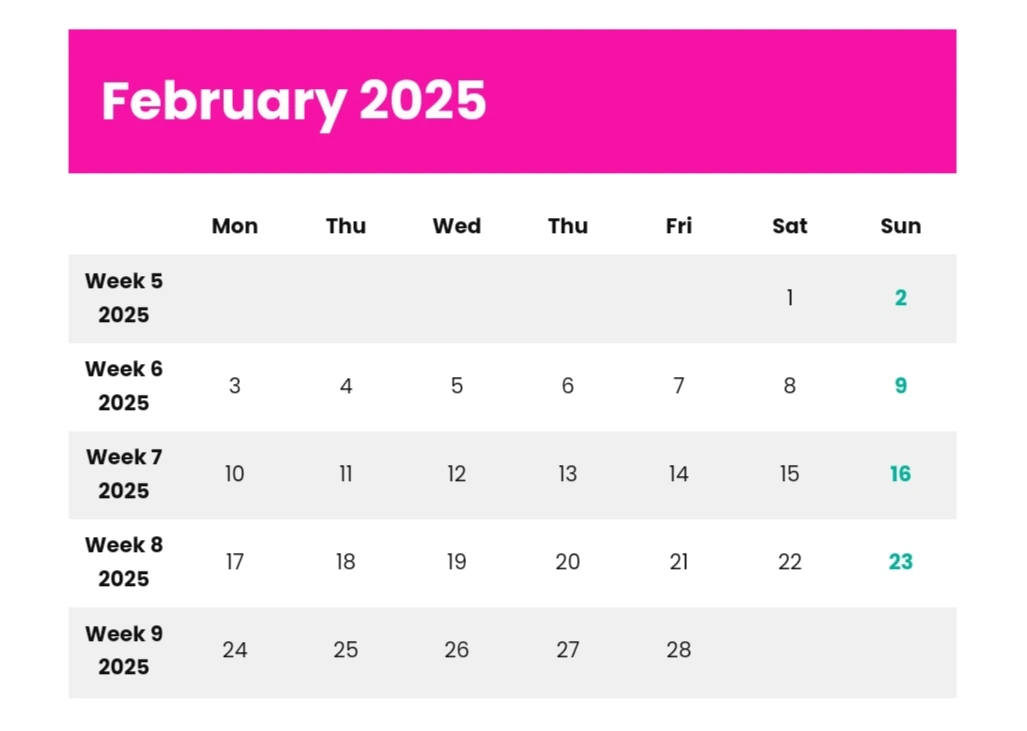 Februar 2025 kalender med helligdager og ukenummer