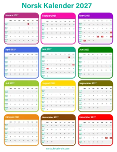 Norsk Kalender 2027, Ukekalender 2027 med helligdager og ukenummer
