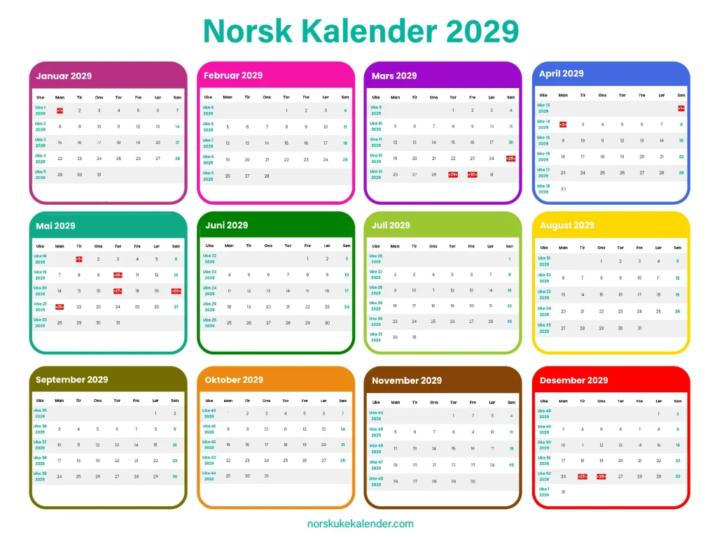 Norsk Kalender 2029 - Ukekalender 2029