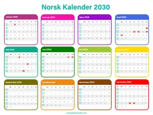 Norsk kalender 2030 + Ukekalender 2030